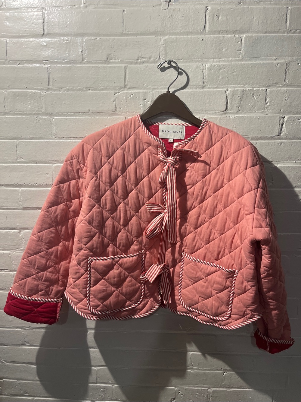 Miou Muse Coral Pink Quilted Tie-Bow Bomber Jacket